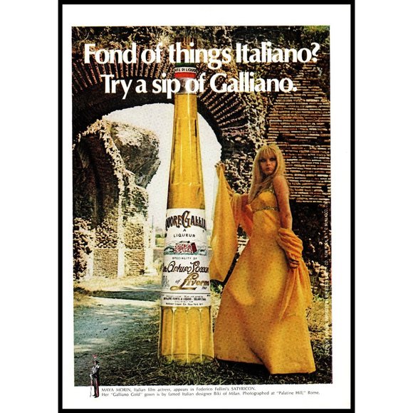 1970 Liquore Galliano Vintage Print Ad Italian Blond Yellow Dress Wall Art - Picture 1 of 1